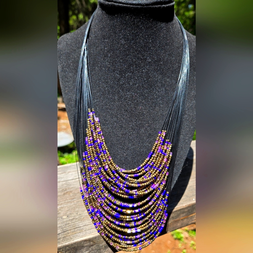Purple & Gold Multi-Strand Beaded Handmade Necklace By Aelon 21" Adjustable - Picture 1 of 7